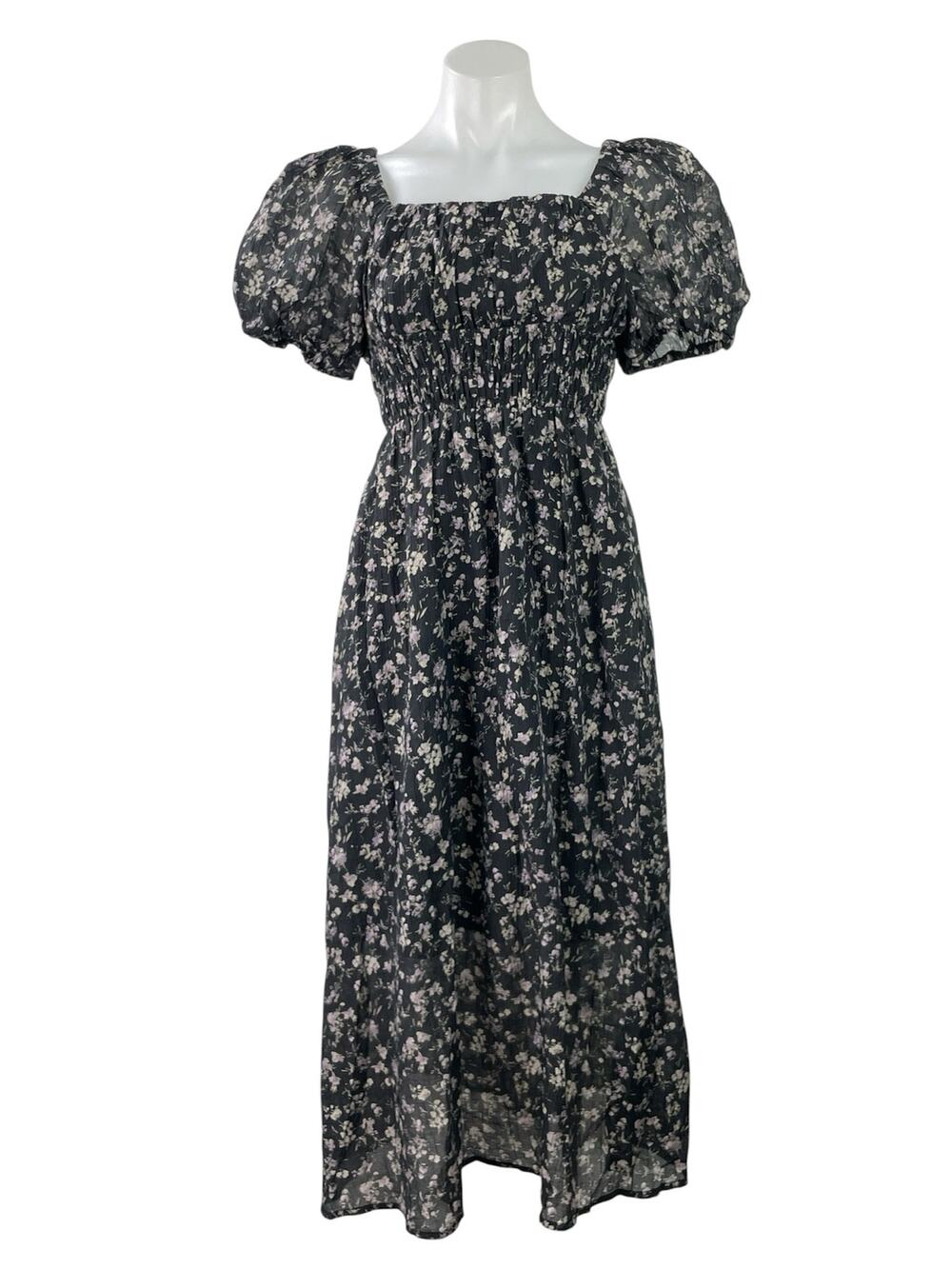 TAONAI Women's Black Short Puff Sleeves Floral Smocked Flowy A-line Midi Dress M